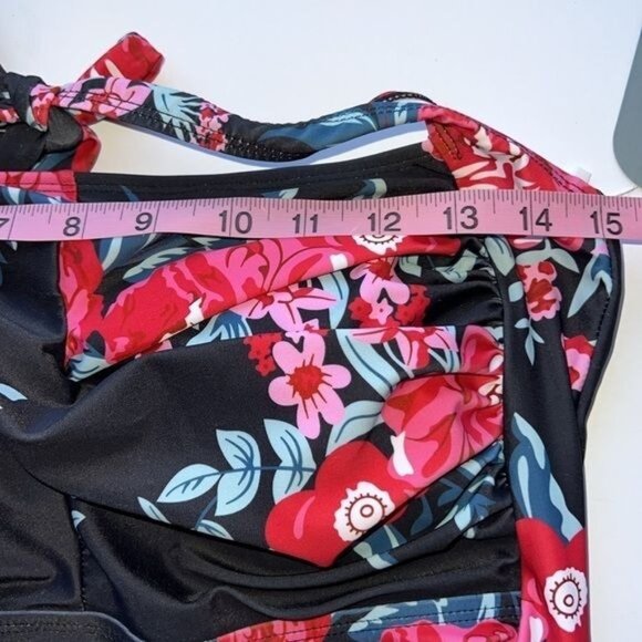 Smismivo Womens One-Piece Swimsuit Floral Print Halter Neck XXL Black & Red Nylo - Picture 10 of 11